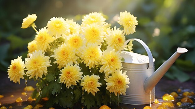 irrigazione di fiori di crisantemo in giardino