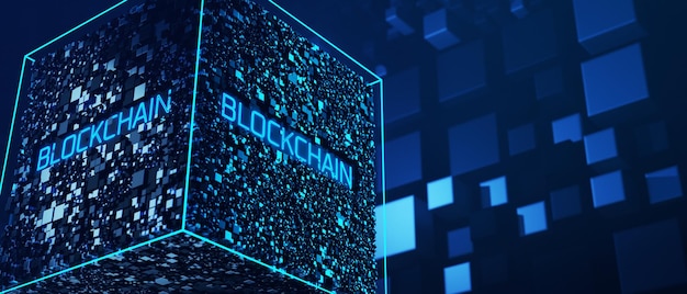 Iscrizione blockchain del concetto di tecnologia blockchain su sfondo cubico astratto d rendering