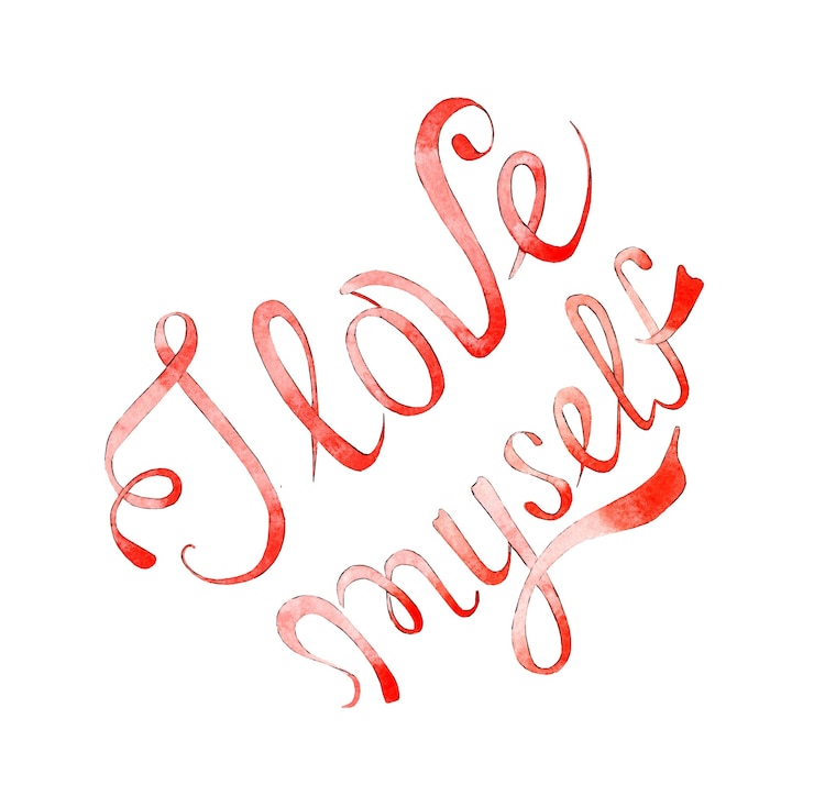 Foto iscrizione dell'illustrazione dell'acquerello mi amo in rosso testo motivante per amare apprezzare te stesso