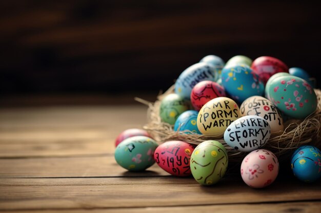 Iscrizione di Pasqua con uova colorate sul tavolo