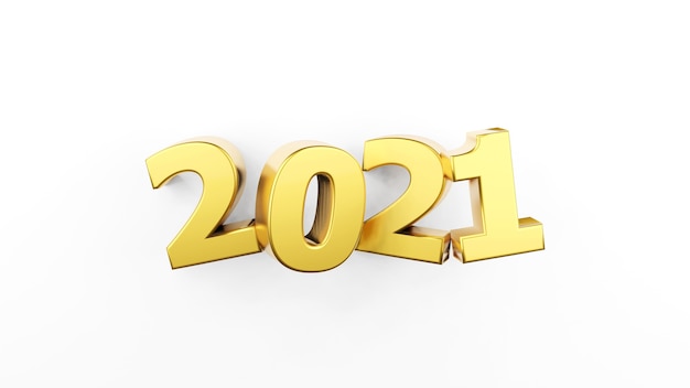 Iscrizione in oro 2021 isolato su sfondo bianco. Felice anno nuovo 2021. Illustrazione per la pubblicità. Rendering 3D.