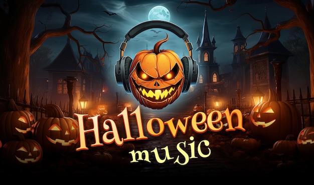 Iscrizione stilizzata di musica di Halloween con zucca jackolantern nelle cuffie generata dall'intelligenza artificiale