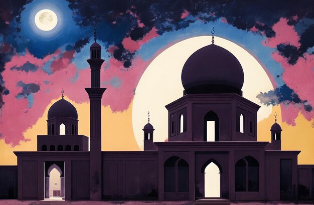 Islamic Masjid Mosque Generative AI banner per Ramadan Kareem e Eid Mubarak Saluti per il festival islamico musulmano Mese sacro di ramzan Illustrazione di sfondo del Ramadan