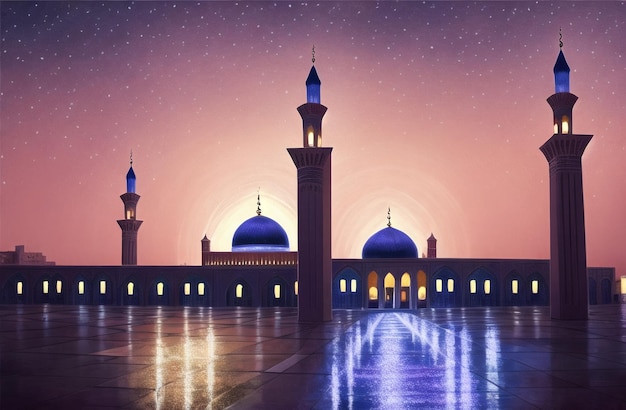 Islamic Masjid Mosque Generative AI banner per Ramadan Kareem e Eid Mubarak Saluti per il festival islamico musulmano Mese sacro di ramzan Illustrazione di sfondo del Ramadan