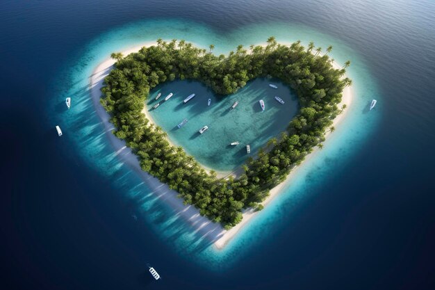 Isola a forma di cuore astratta in mezzo all'oceano