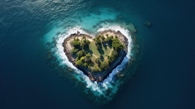 Isola a forma di cuore in una veduta aerea dell'oceano con un teleobiettivo con illuminazione realistica