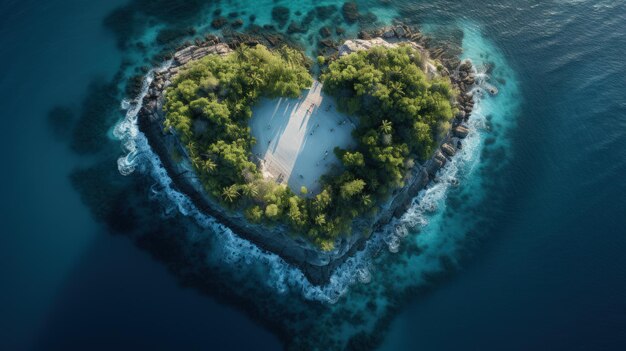 Isola a forma di cuore in una veduta aerea dell'oceano con un teleobiettivo con illuminazione realistica