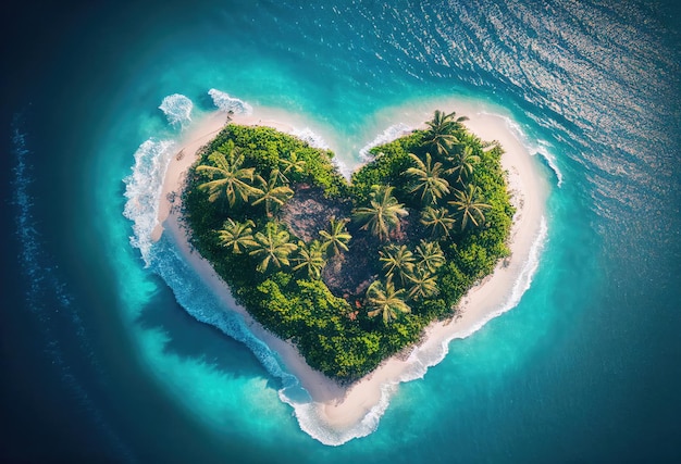 Isola a forma di cuore nel mare turchese Generative AI Art Terra a forma di cuore nel mezzo dell'oceano