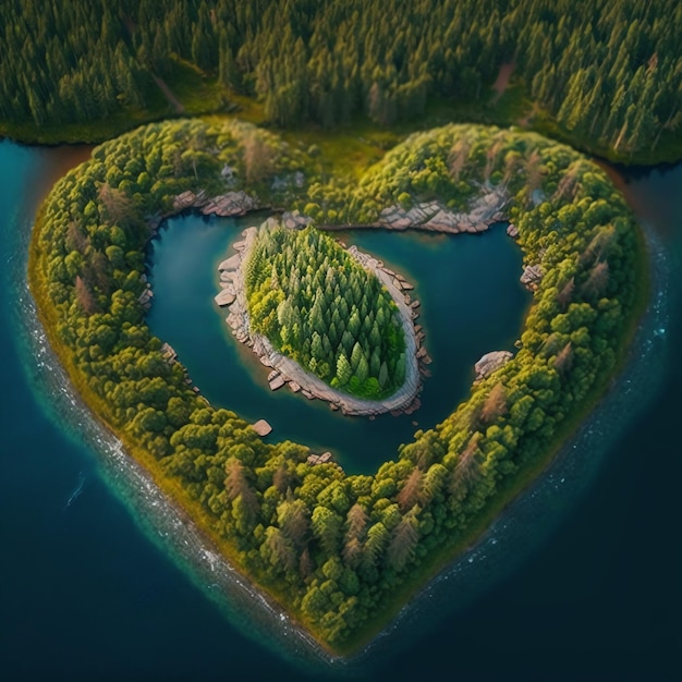 Isola a forma di cuore nella foresta nordica.