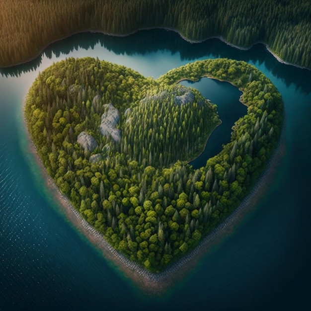 Isola a forma di cuore nella foresta nordica.