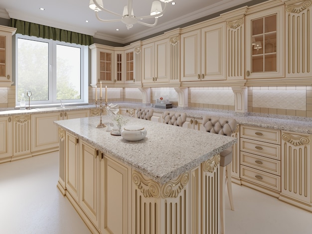 Isola cucina in una lussuosa cucina in stile classico. rendering 3d