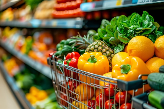 Isola del negozio di alimentari piena di prodotti con carrello davanti per mettere gli articoli