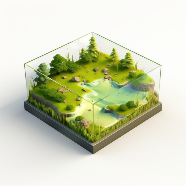 Isola delicatamente raffigurata in contenitore di vetro Arte paesaggistica isometrica interattiva