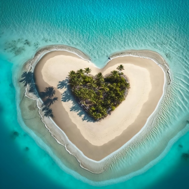 Isola deserta tropicale a forma di cuore con spiaggia di sabbia bianca