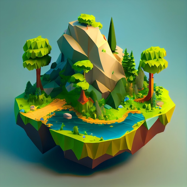 Isola di diorama isometrica stile modello 3d Concetto di gioco paesaggio generativo ai