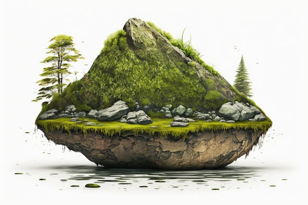 Isola di roccia galleggiante su uno sfondo bianco coperto di muschio verde erba e felce