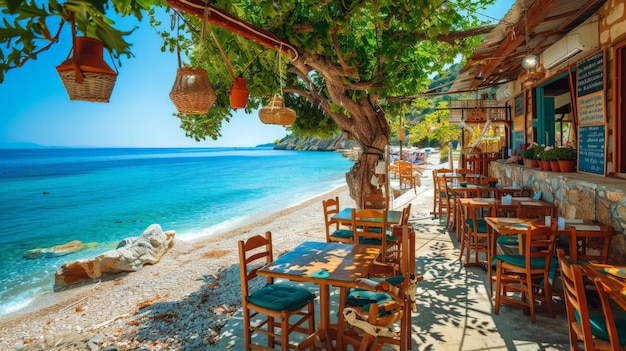 Isola di Samos Grecia Bella spiaggia e taverna nel pittoresco villaggio di Kokkari popolare destinazione turistica per le vacanze estive