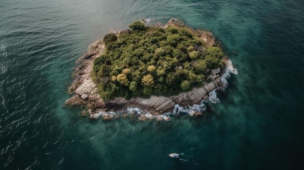 Isola disabitata con fitta vegetazione nell'oceano Vista dall'alto IA generativa