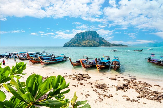 Isola e barca a coda lunga e la spiaggia sull'isola di Krabi Thailandia