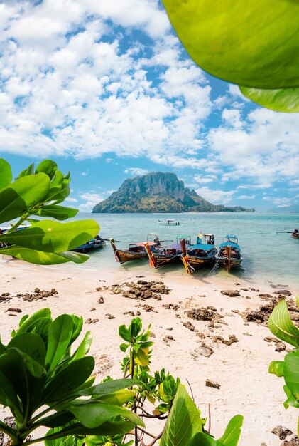 Isola e barca a coda lunga e la spiaggia sull'isola di Krabi Thailandia