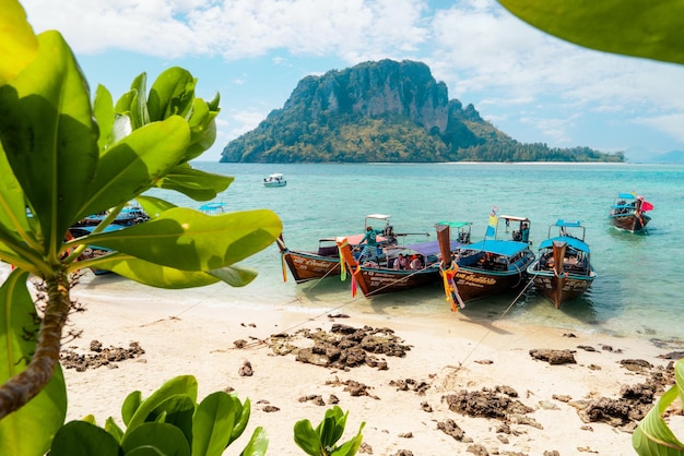 Isola e barca a coda lunga e la spiaggia sull'isola di Krabi Thailandia