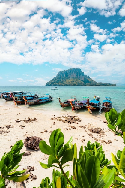 Isola e barca a coda lunga e la spiaggia sull'isola di Krabi Thailandia