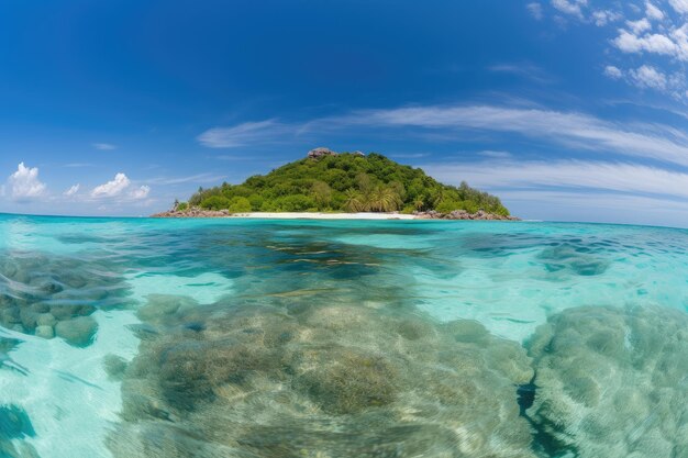 Isola galleggiante con acqua cristallina circondata da una barriera corallina tropicale