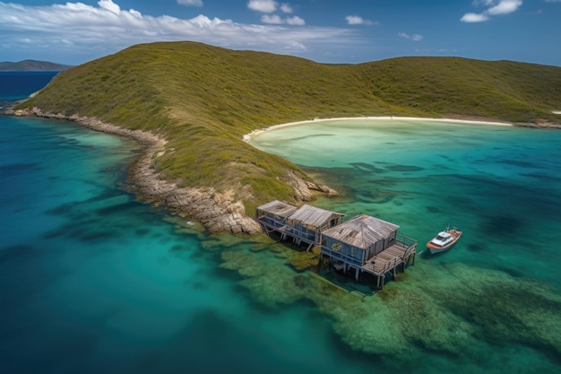 Isola remota circondata da acque cristalline e vibrante vita marina creata con l'intelligenza artificiale generativa