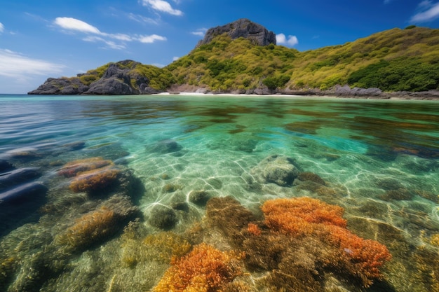 Isola remota con acque cristalline e vita marina colorata creata con l'intelligenza artificiale generativa