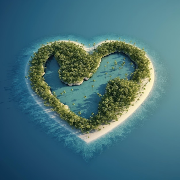 Isola tropicale a forma di cuore illustrazione AI generativa