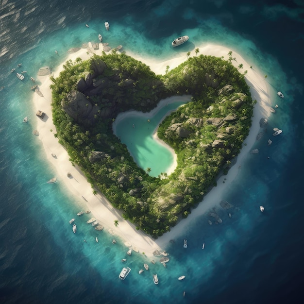 Isola tropicale a forma di cuore illustrazione AI generativa
