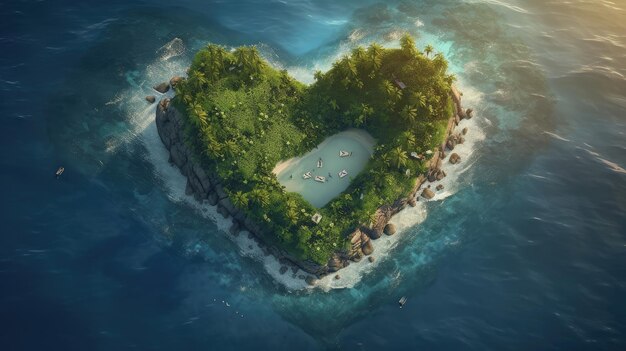 Isola tropicale a forma di cuore illustrazione AI generativa