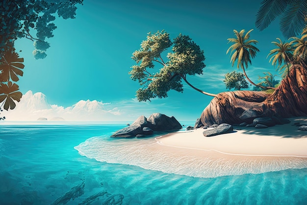 Isola tropicale blu sullo sfondo dell'oceano Illustrazione AI Generative