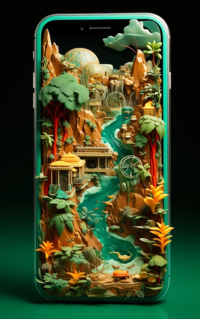 Isola tropicale con cascata e tempio sullo schermo dello smartphone