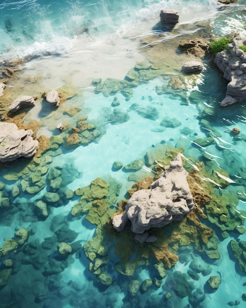 Isola tropicale con la luce del sole della spiaggia piatta frastagliata scogliera rocciosa e la vegetazione e la flora