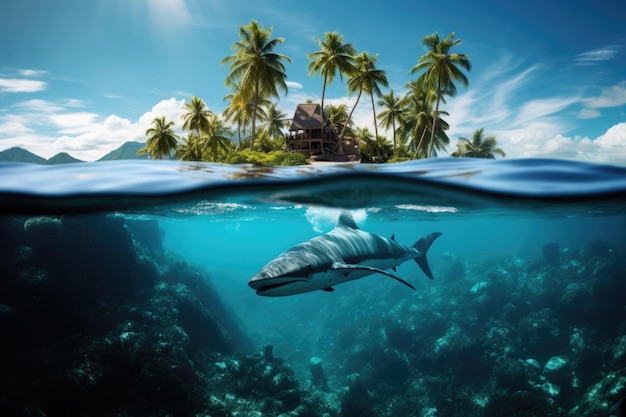 Isola tropicale con palme nel mezzo di un oceano e vita sottomarina con grande squalo bianco Vista divisa con linea di galleggiamento