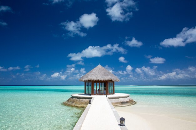 Isola tropicale delle Maldive con la spiaggia sabbiosa e il mare bianchi