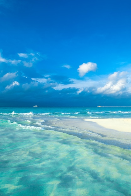 Isola tropicale delle Maldive con la spiaggia sabbiosa e il mare bianchi