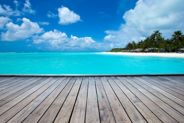 Isola tropicale delle Maldive con la spiaggia sabbiosa e il mare bianchi