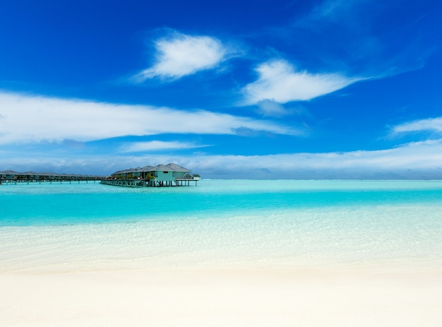 Isola tropicale delle Maldive con la spiaggia sabbiosa e il mare bianchi