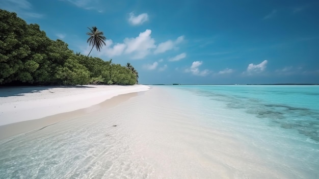 Isola tropicale delle Maldive con litorale di sabbia bianca e palme marine AI Generato