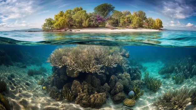 Isola tropicale e barriera corallina vista divisa con linea di galleggiamento