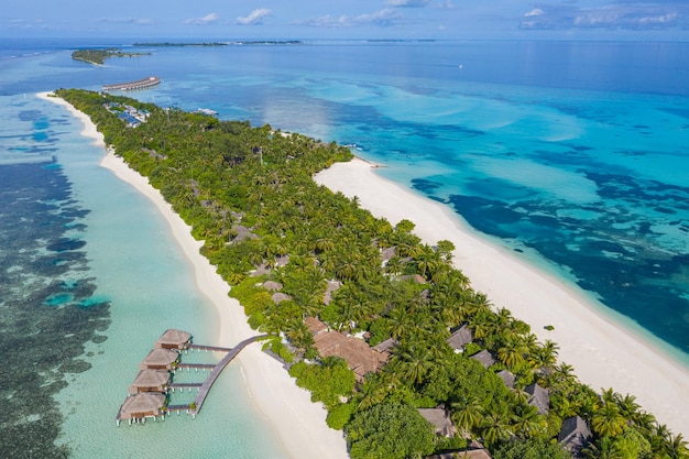 Isola tropicale Oceano Indiano Maldive. Vista aerea della laguna dell'oceano, paesaggio della spiaggia sabbiosa delle palme