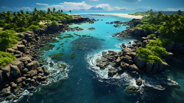 Isola verde tropicale paradisiaca con alberi in una località balneare sul mare