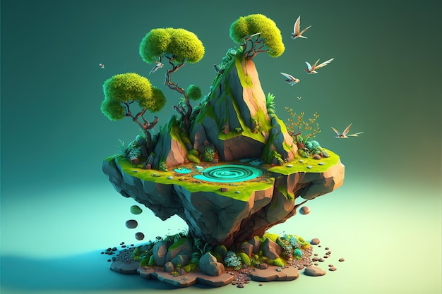 Isola volante rocciosa verde Illustrazione moderna di cartoni animati colorati buona per il tuo design AI