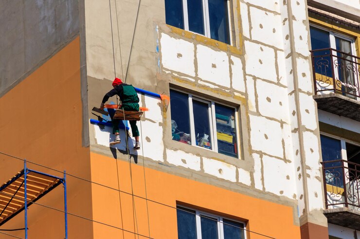 Isolamento in polistirolo di un grattacielo Accesso con fune funzionante Concetto di alpinismo industriale