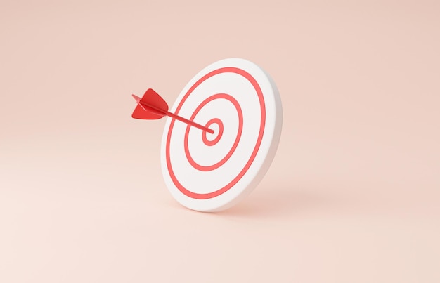 Isolare il Dartboard con la freccia su sfondo rosa per il simbolo dell'obiettivo aziendale di configurazione e del concetto di obiettivo di raggiungimento mediante rendering 3d