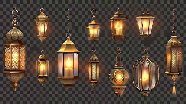 Isolate 3D moderne vintage luci luminose brillanti isolate su sfondo trasparente con lampade arabe lanterne d'oro con ornamenti arabi anelli candelieri accessori per la festa del Ramadan