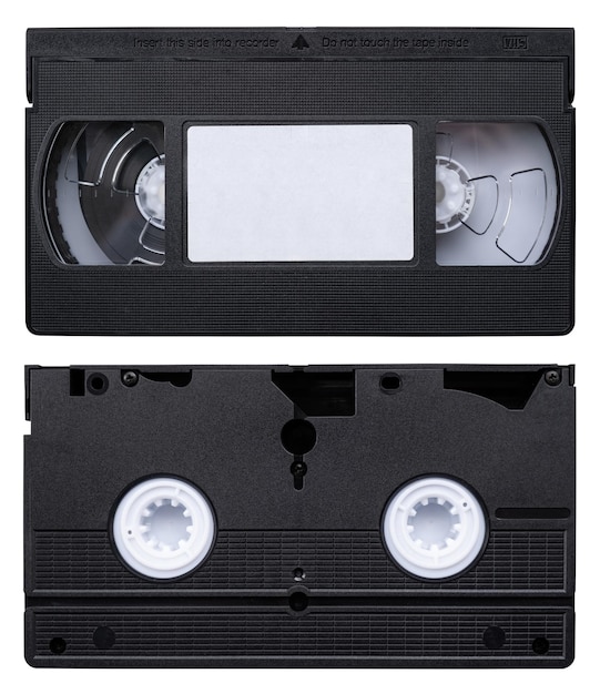 Isolato anteriore e posteriore di una cassetta video retrò vintage VHS su sfondo bianco