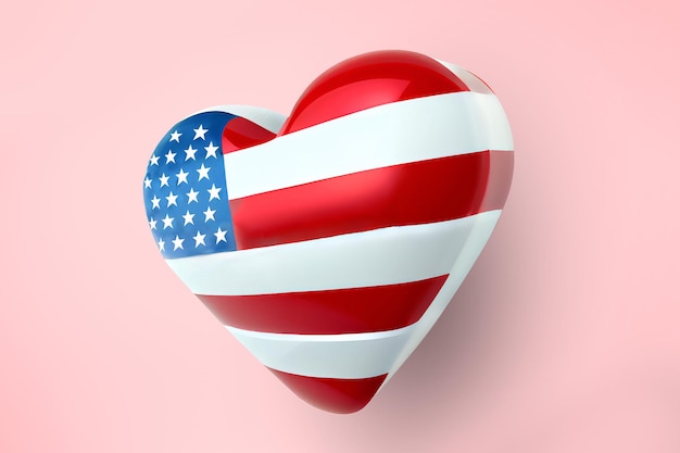 Isolato del cuore 3d della bandiera americana su sfondo rosa
